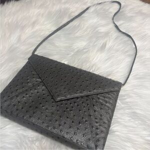 Vtg Frenchy of California Leather Clutch Purse Shoulder Bag Grey Ostrich Print